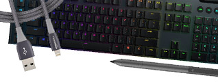 Various peripherals banner showing keyboard, cable and stylus